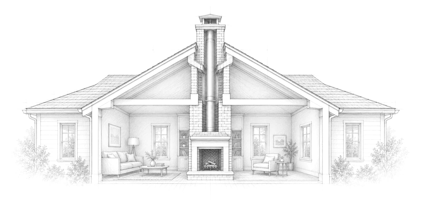 A pencil cross-section of a single-storey house, its brick chimney and flue liner rising through the centre of the roof from a fireplace in the living room